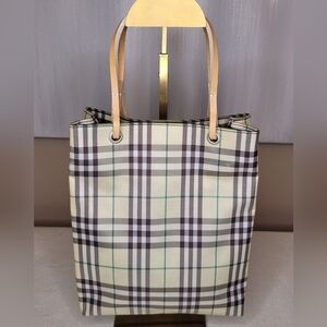 Burberry Novacheck Plaid Micro Tote Bag with Tan Leather Handles